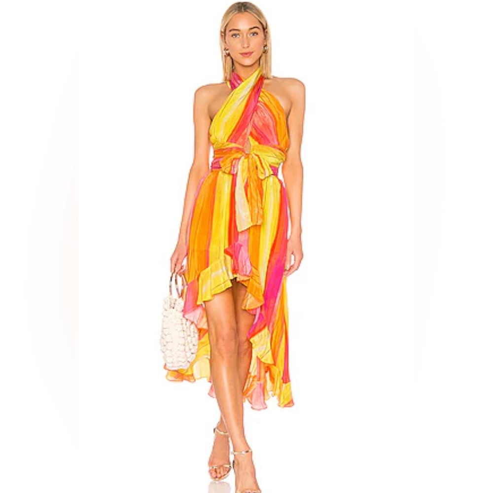 ROCOCO SAND Universe Printed Concept Dress in Yellow & Coral